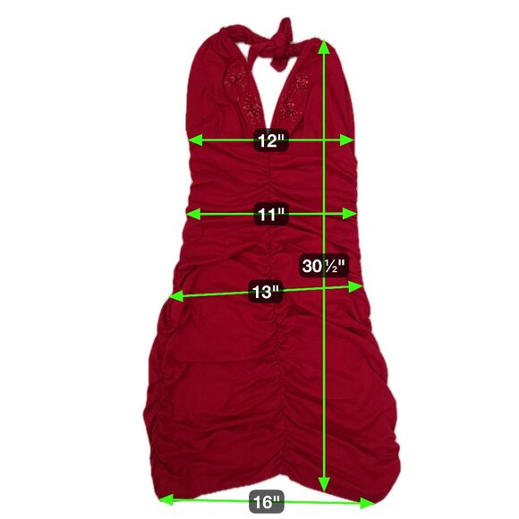 Handmade Red Ruched Halter Dress with Beaded Embroidery and Open Back Argentina - Picture 10 of 14